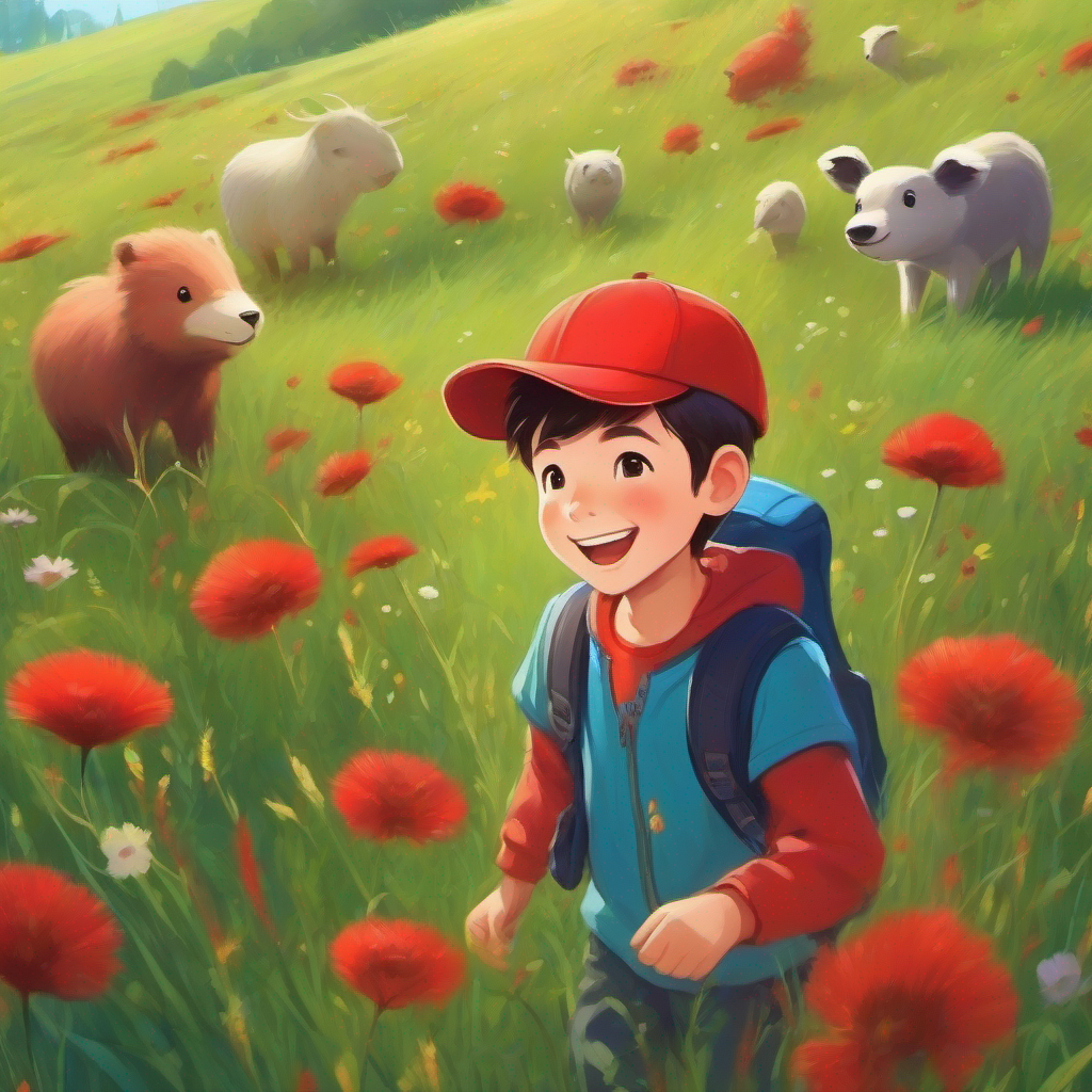 A boy with a big smile, wearing a red cap. watching playful animals in the lively meadow.