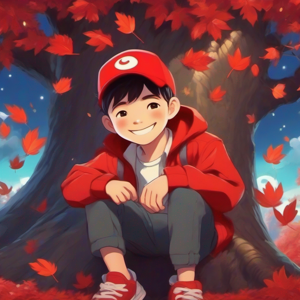 A boy with a big smile, wearing a red cap. sitting under the magical tree with twinkling leaves.