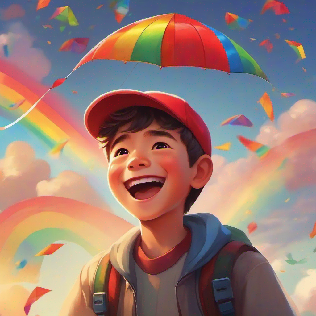 A boy with a big smile, wearing a red cap. saying goodbye to the disappearing rainbow and holding his colorful kite.