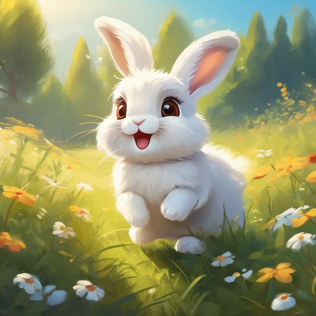 Sunny meadow, Cute rabbit, white fur, brown eyes, playful and active, 10 words the rabbit, playful setting, 15 words.