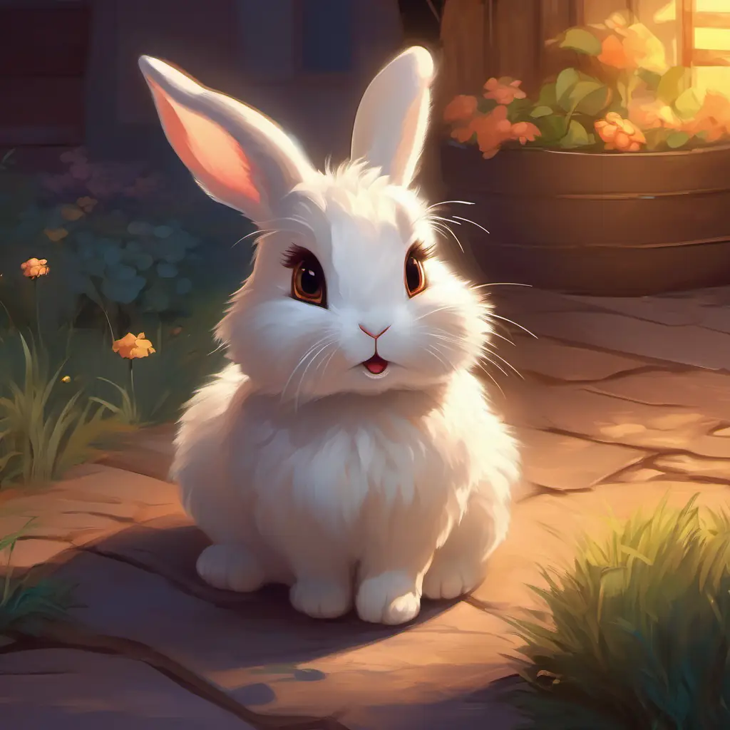 Cute rabbit, white fur, brown eyes, playful and active, 10 words's discomfort, nighttime setting, realization of toothache, 15 words.