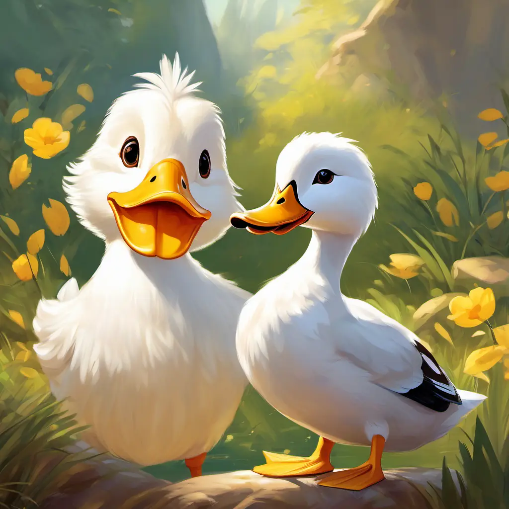 Friendly, white-feathered, yellow-beaked duck, caring and helpful, 10 words's appearance, examination of Cute rabbit, white fur, brown eyes, playful and active, 10 words's teeth, medicine for toothache, 15 words.