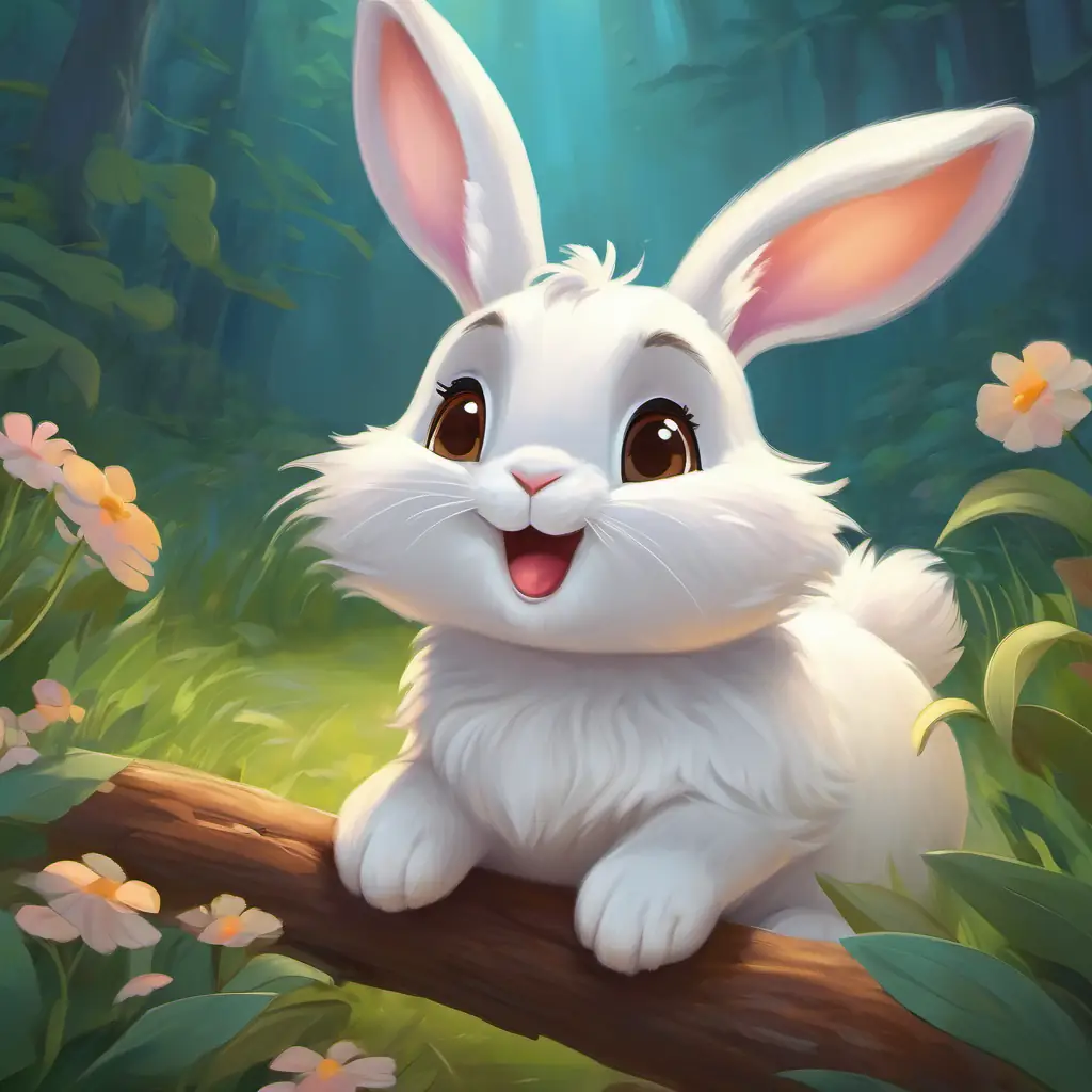 Cute rabbit, white fur, brown eyes, playful and active, 10 words taking medicine, promise to brush teeth, learning importance of dental care, 15 words.