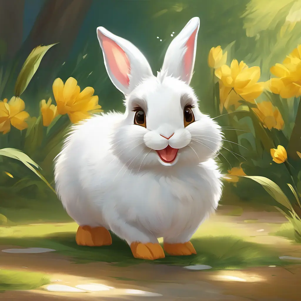 Cute rabbit, white fur, brown eyes, playful and active, 10 words's happiness, showing clean teeth, gratitude to Friendly, white-feathered, yellow-beaked duck, caring and helpful, 10 words, pain-free, 15 words.