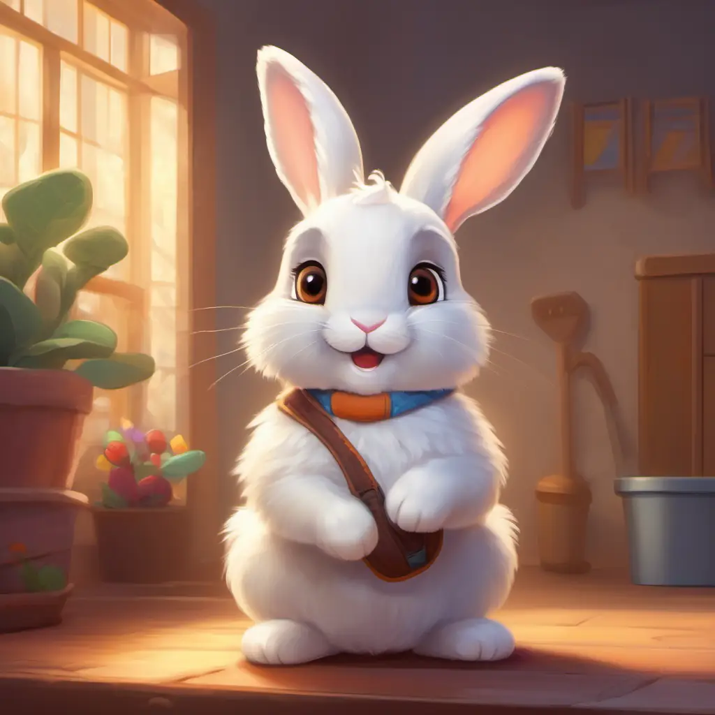 Cute rabbit, white fur, brown eyes, playful and active, 10 words's playful adventures, remembering to brush teeth, bedtime routine, 15 words.