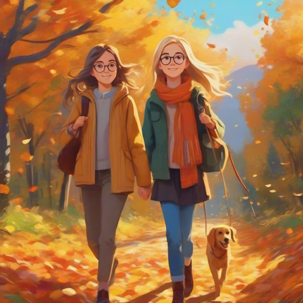 Emma: long brown hair, glasses, cheerful and determined and Lily: short blonde hair, freckles, kind and supportive walking under bright autumn colors.