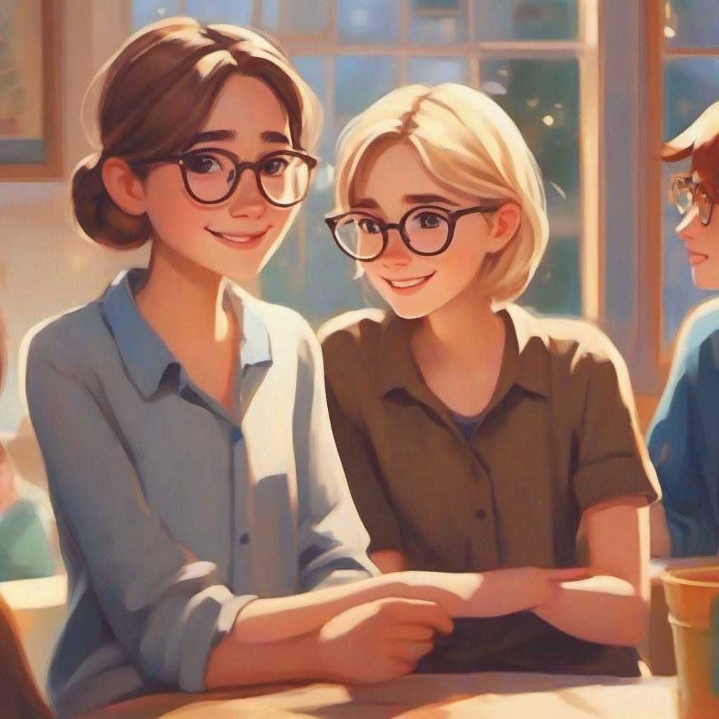 Emma: long brown hair, glasses, cheerful and determined and Lily: short blonde hair, freckles, kind and supportive waiting together, supporting each other.