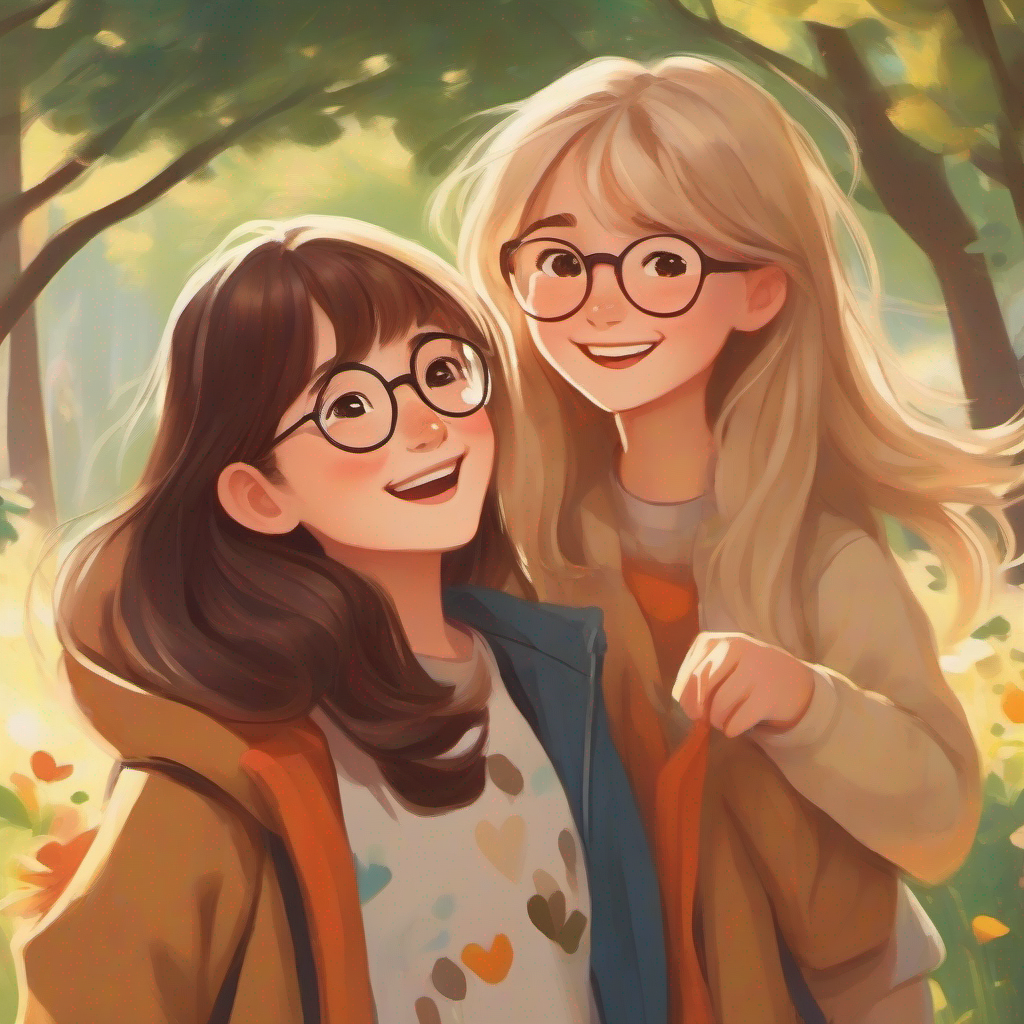 Emma: long brown hair, glasses, cheerful and determined and Lily: short blonde hair, freckles, kind and supportive celebrating and hugging each other happily.