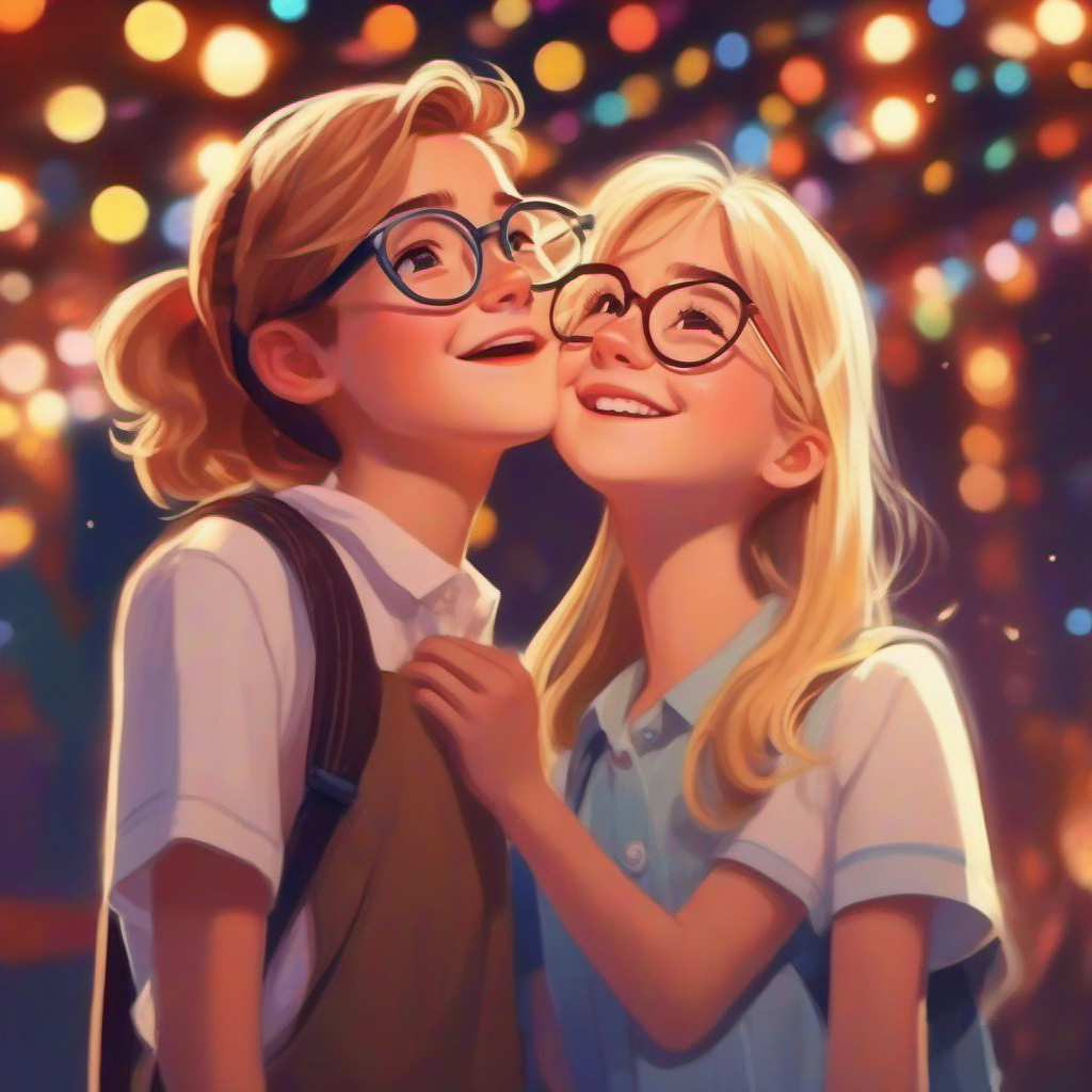 Emma: long brown hair, glasses, cheerful and determined and Lily: short blonde hair, freckles, kind and supportive performing passionately on stage, bright lights illuminating them.