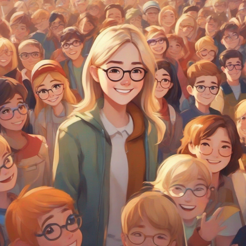 Emma: long brown hair, glasses, cheerful and determined and Lily: short blonde hair, freckles, kind and supportive surrounded by a group of friends, smiling and happy.