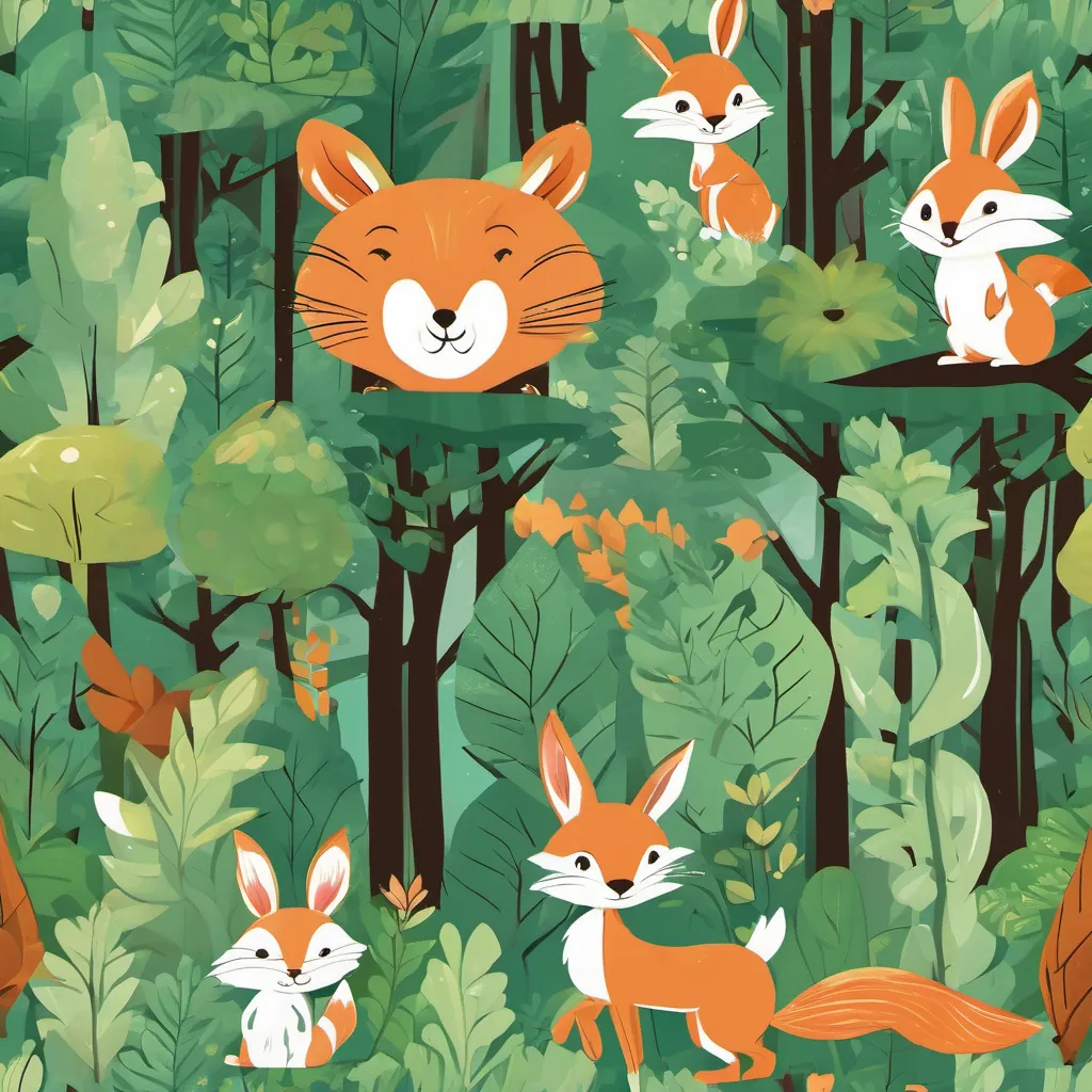 Illustration of a lush green forest with tall trees swaying in the wind, a cute, smart rabbit named A cute and clever rabbit with a bright and joyful expression, hopping through a lively forest, and a sly-looking fox named A sly and cunning fox with a mischievous grin, carefully planning tricks in the forest.