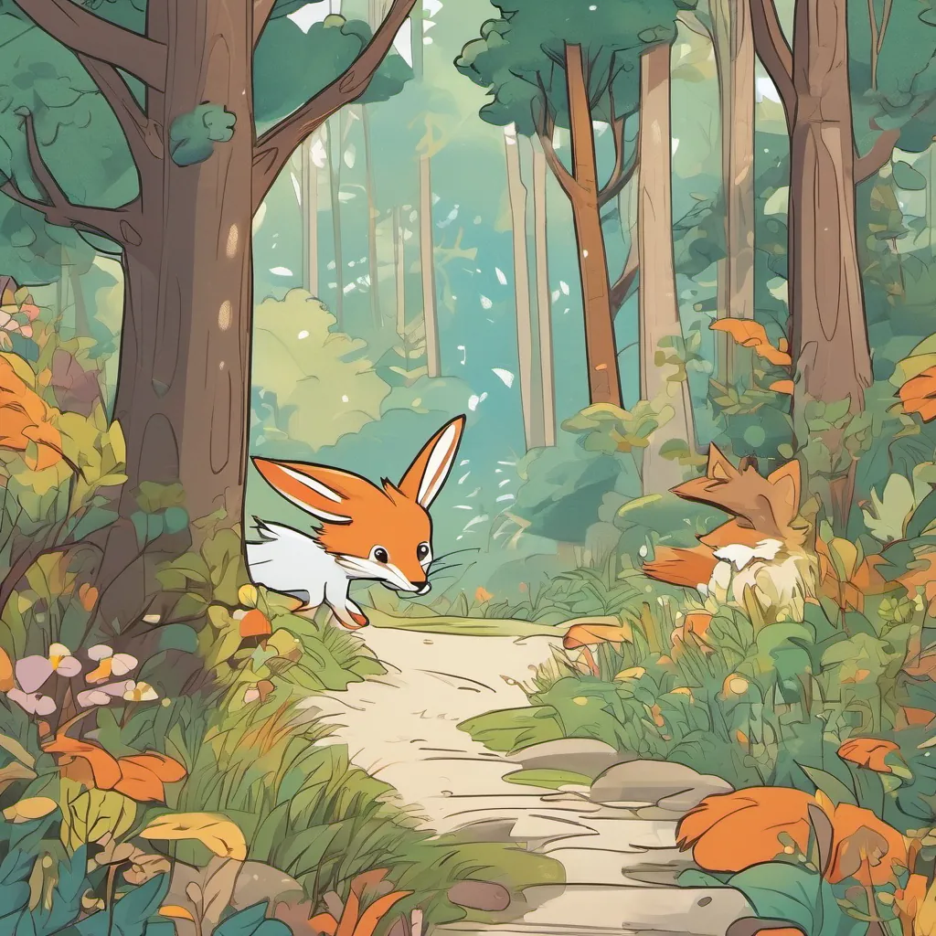 A cute and clever rabbit with a bright and joyful expression, hopping through a lively forest the rabbit hopping joyfully, and A sly and cunning fox with a mischievous grin, carefully planning tricks in the forest the fox sneaking with a mischievous grin in a lively forest setting.