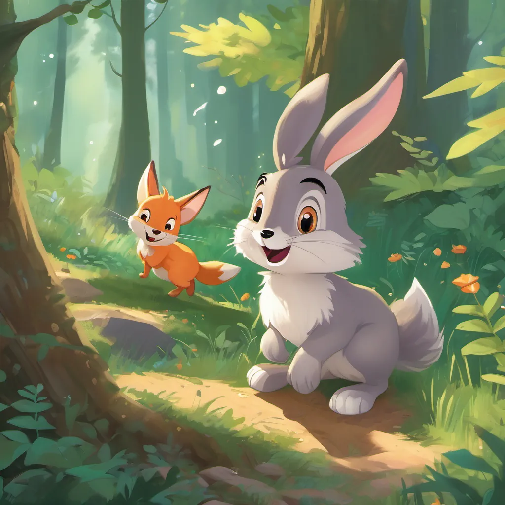 A final image of A cute and clever rabbit with a bright and joyful expression, hopping through a lively forest and A sly and cunning fox with a mischievous grin, carefully planning tricks in the forest in the forest, waving at the reader with joyful expressions.