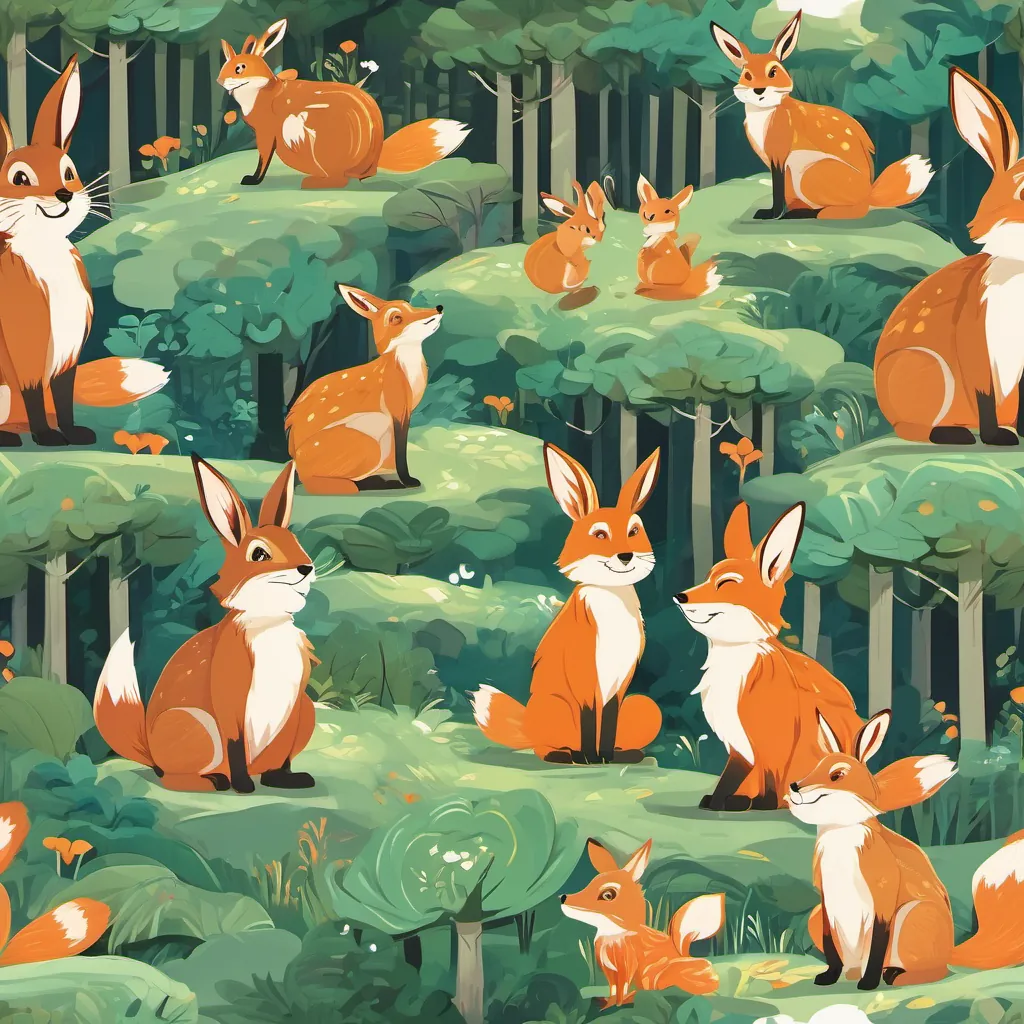 A sunny morning in the forest with A cute and clever rabbit with a bright and joyful expression, hopping through a lively forest the rabbit showing excitement and A sly and cunning fox with a mischievous grin, carefully planning tricks in the forest the fox with a glint in his eye discussing their next game.