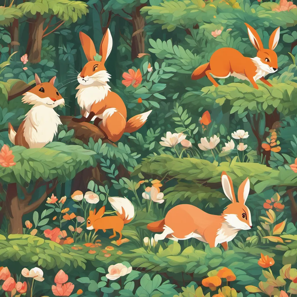 A cute and clever rabbit with a bright and joyful expression, hopping through a lively forest jumping and leaping through thick bushes while A sly and cunning fox with a mischievous grin, carefully planning tricks in the forest tries to catch up, both enjoying the game with smiles on their faces.