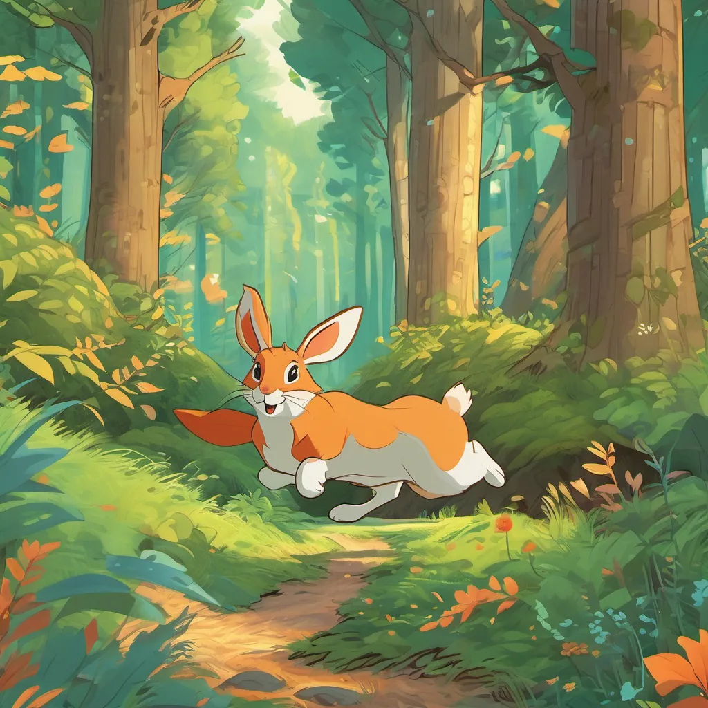 A playful chase scene with A cute and clever rabbit with a bright and joyful expression, hopping through a lively forest the rabbit skillfully dodging A sly and cunning fox with a mischievous grin, carefully planning tricks in the forest's tricks in a vibrant forest glen.