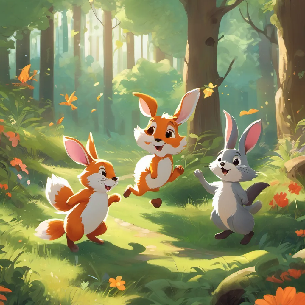 A cute and clever rabbit with a bright and joyful expression, hopping through a lively forest and A sly and cunning fox with a mischievous grin, carefully planning tricks in the forest dancing and laughing together, showing their playful rivalry in a sunlit clearing.