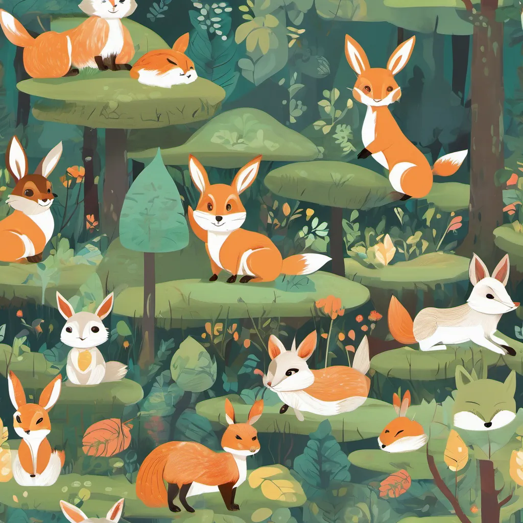 Close-up of the forest with subtle illustrations of A cute and clever rabbit with a bright and joyful expression, hopping through a lively forest’s laughter and A sly and cunning fox with a mischievous grin, carefully planning tricks in the forest’s whoo-hoo sounds floating in the air.