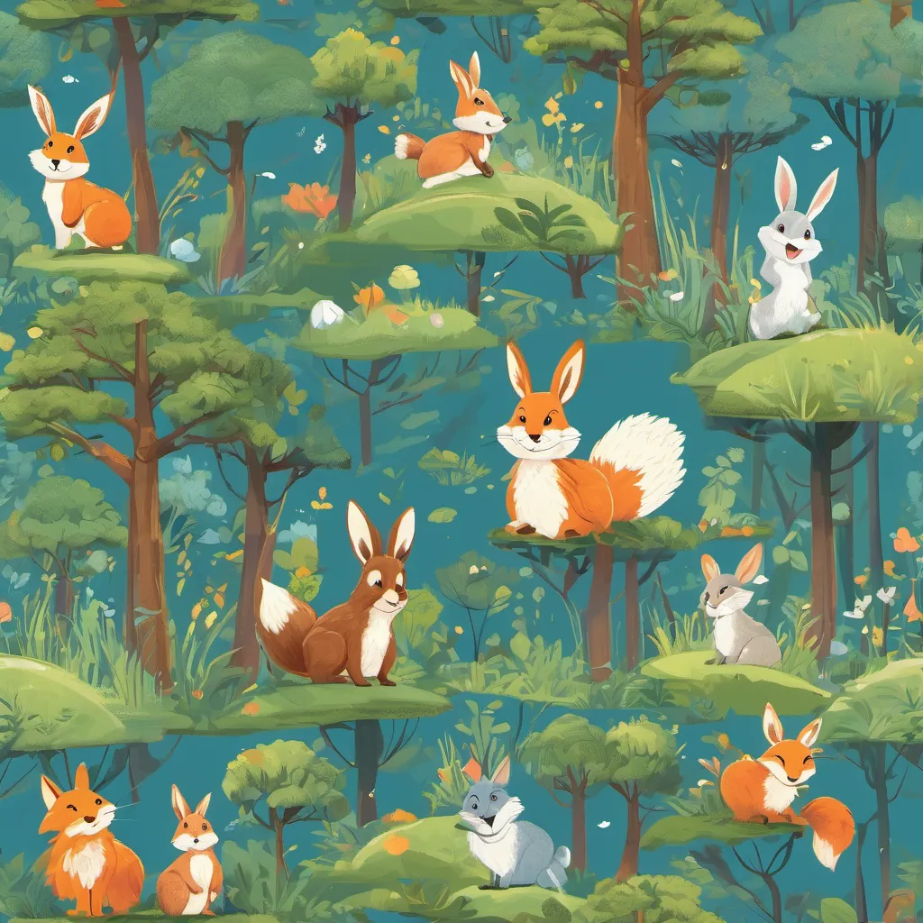 A bright and cheerful scene with A cute and clever rabbit with a bright and joyful expression, hopping through a lively forest and A sly and cunning fox with a mischievous grin, carefully planning tricks in the forest side by side, celebrating their friendship under a blue sky.