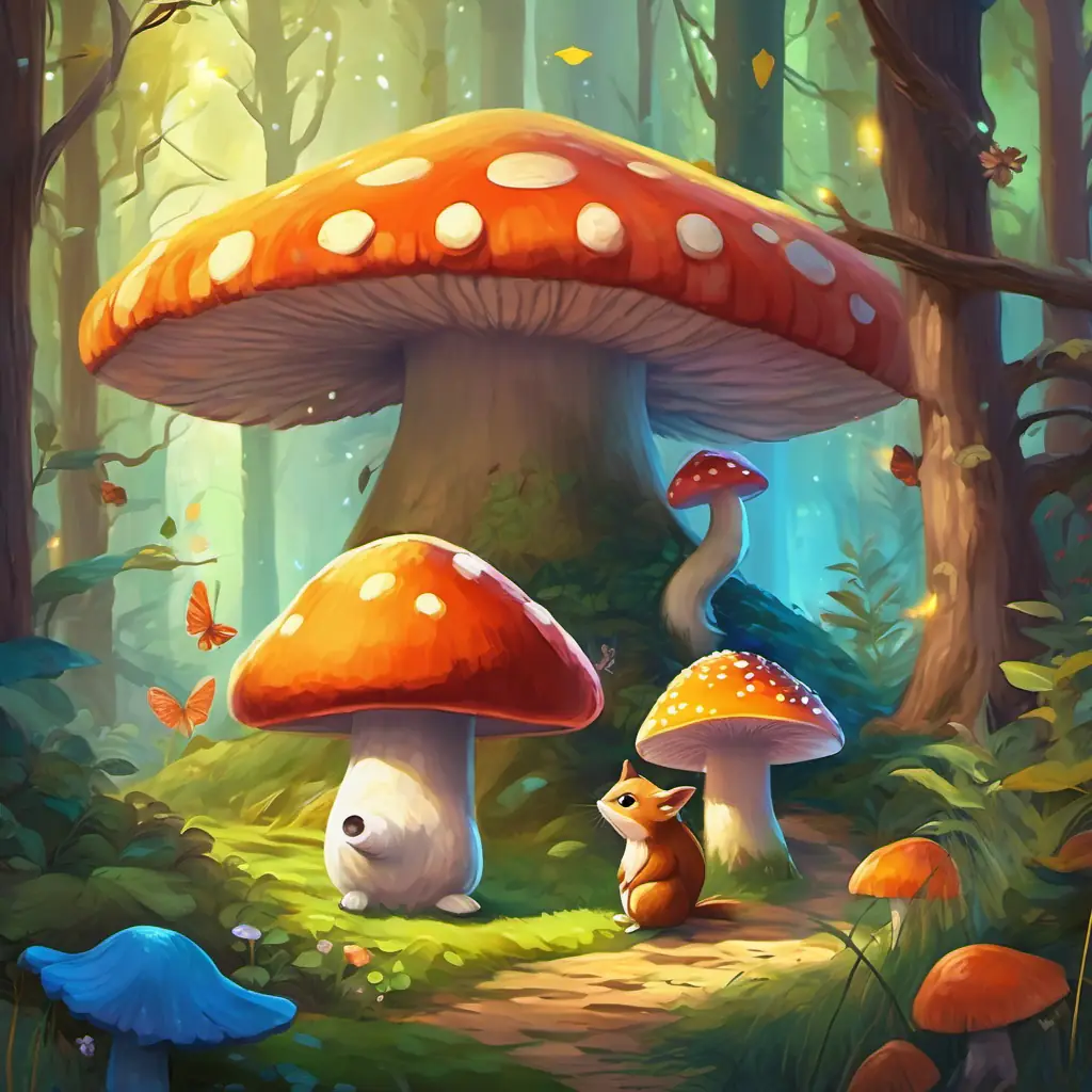 In a colorful forest, Small creature with golden fur and big, sparkling eyes is sitting on a giant mushroom, surrounded by friendly animals.