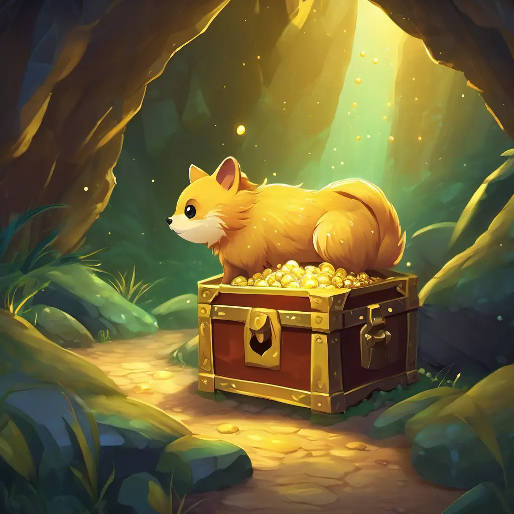 In a sparkling cave, Small creature with golden fur and big, sparkling eyes is tiptoeing towards a glowing treasure chest.