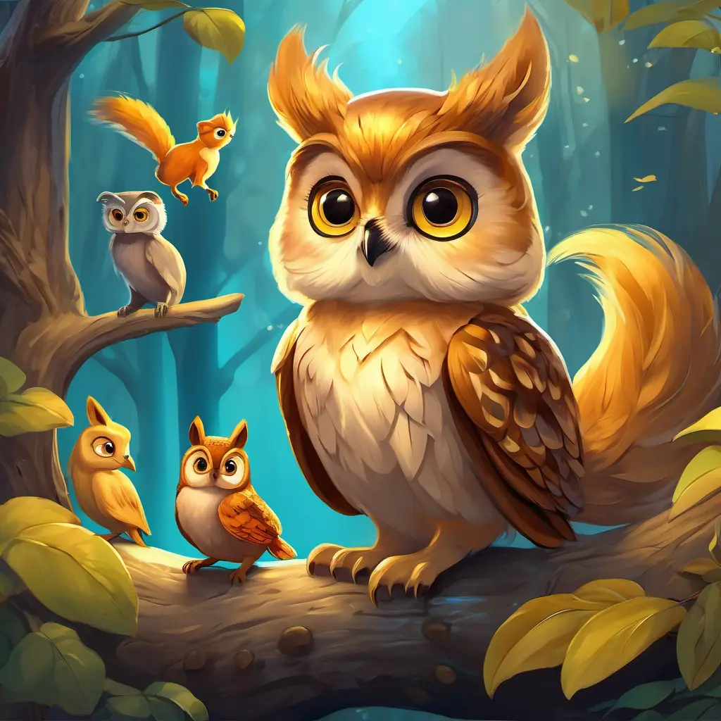 Small creature with golden fur and big, sparkling eyes is surrounded by talking animals, like a wise owl and a playful squirrel.