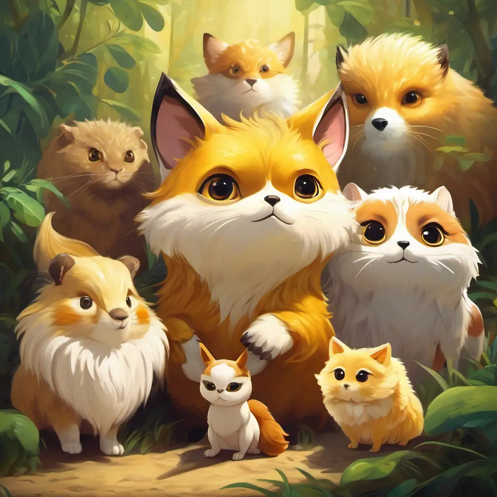 Small creature with golden fur and big, sparkling eyes and its animal friends are standing together, ready to face challenges and protect Egizia.