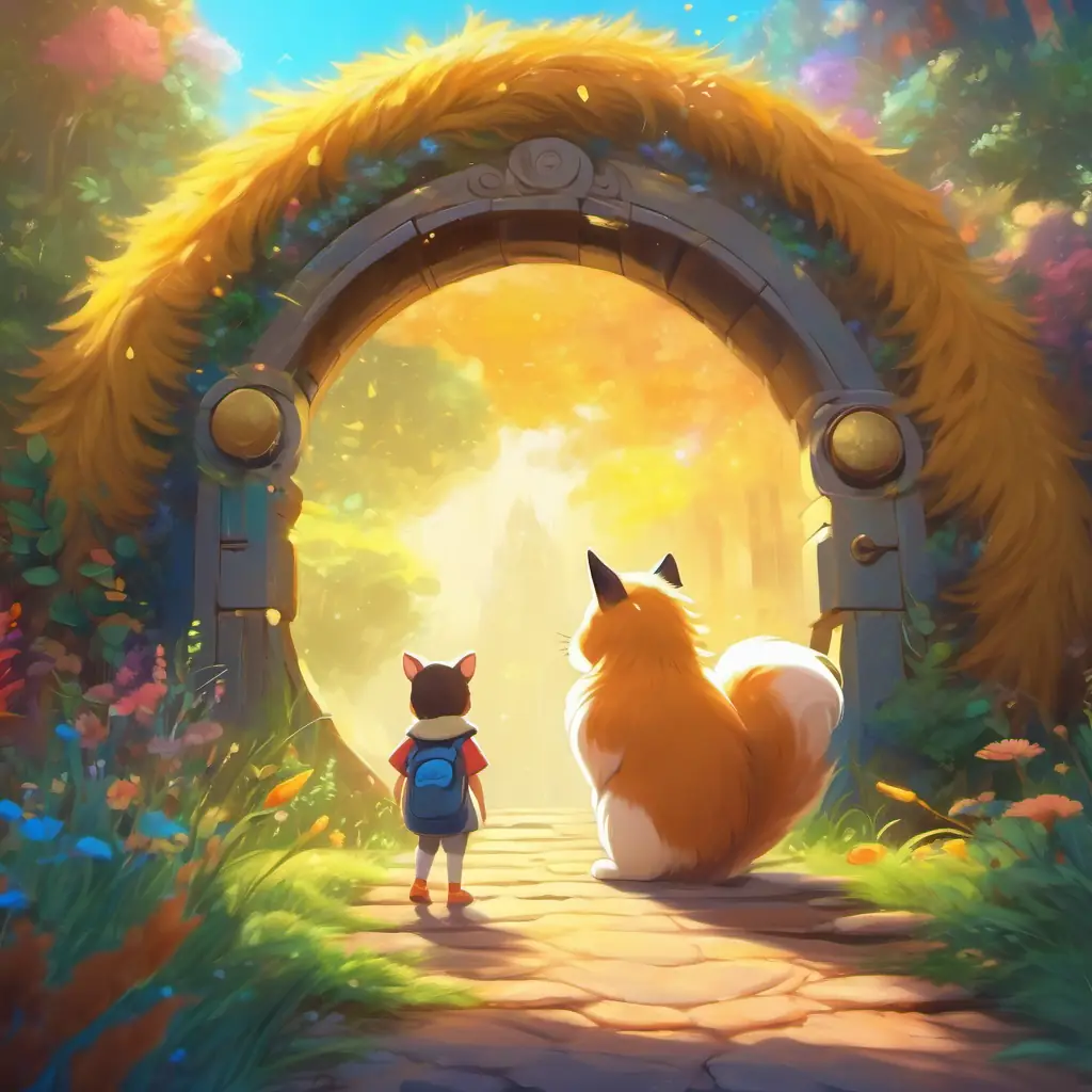 Small creature with golden fur and big, sparkling eyes is waving goodbye to its animal friends while standing near a colorful portal.