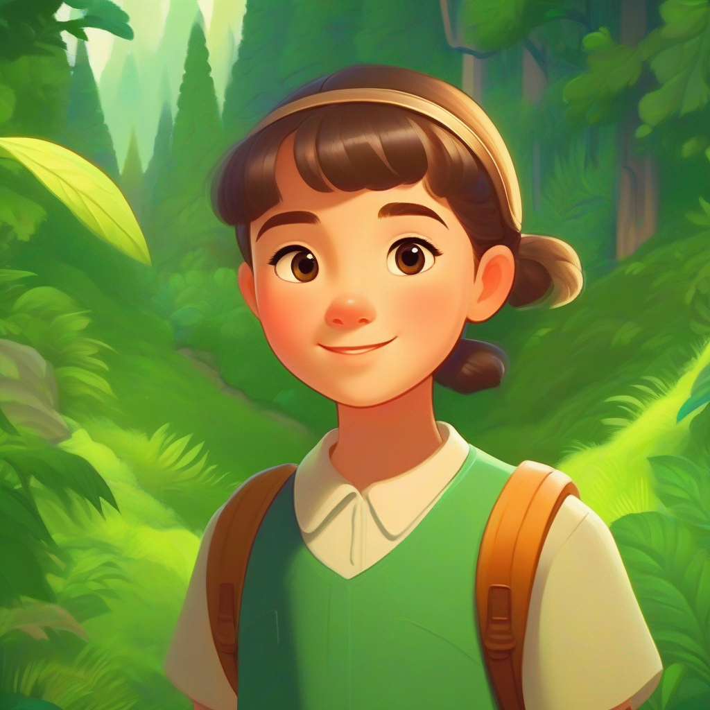 A brave girl with kind eyes and a caring smile. standing with a map, surrounded by lush green forests.