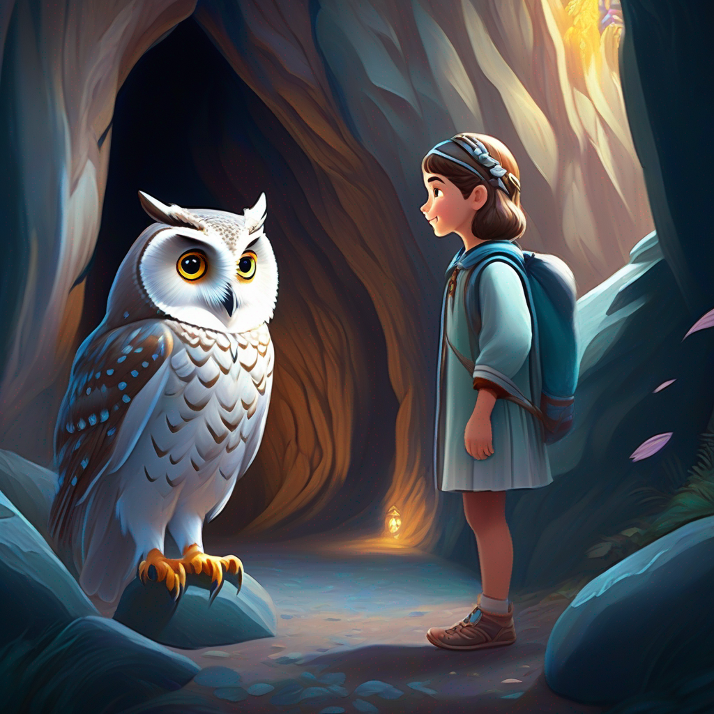 A brave girl with kind eyes and a caring smile. conversing with the A wise owl with silver feathers and perceptive eyes. in front of a mystical cave.