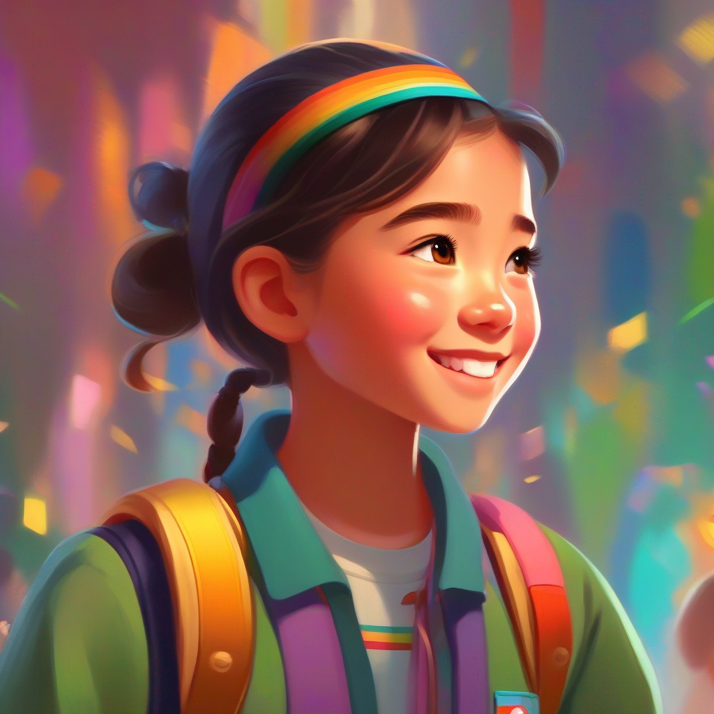 A brave girl with kind eyes and a caring smile. wearing a colorful Respect badge and interacting with diverse people.