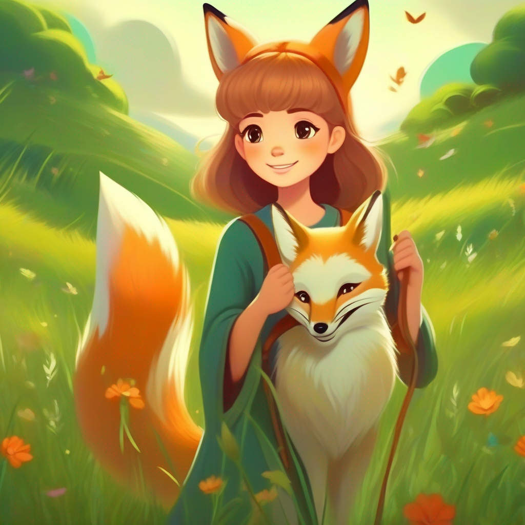 A brave girl with kind eyes and a caring smile. healing the wounds of a fox, surrounded by a serene meadow.