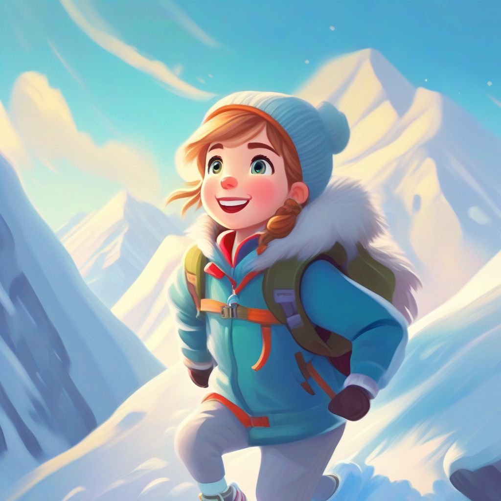 A brave girl with kind eyes and a caring smile. triumphantly reaching the summit of a snowy mountain.