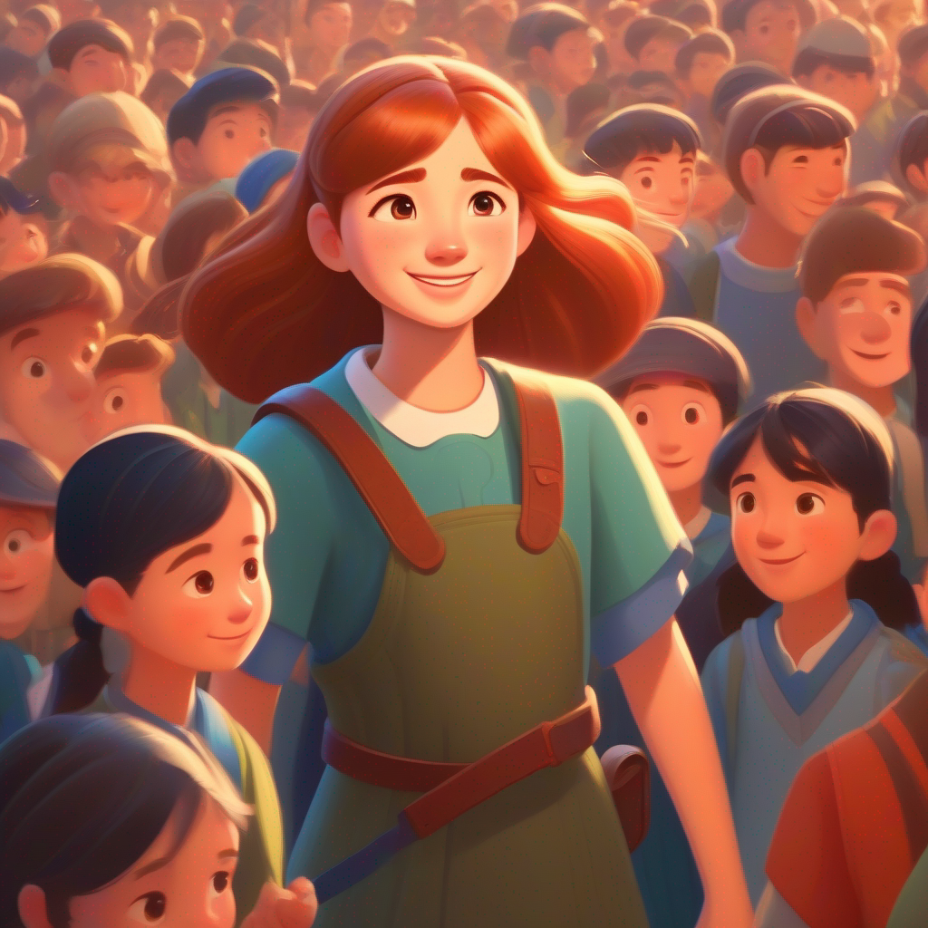 A brave girl with kind eyes and a caring smile. surrounded by people from Ethica, spreading the virtues.