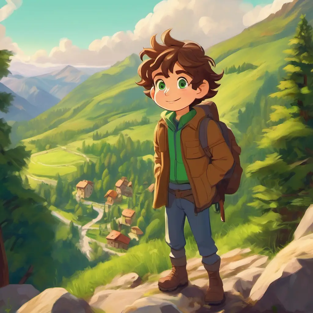 Introduction, Curious boy, wild brown hair, green eyes, teamwork spirit decides on mountain trip with friends in Alpino.