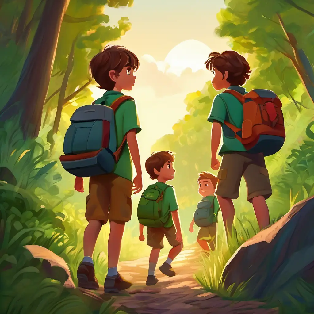 Curious boy, wild brown hair, green eyes, teamwork spirit and friends begin their hike at dawn with supplies.