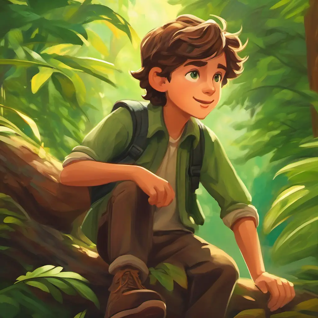Curious boy, wild brown hair, green eyes, teamwork spirit experiences camaraderie and connection with nature.