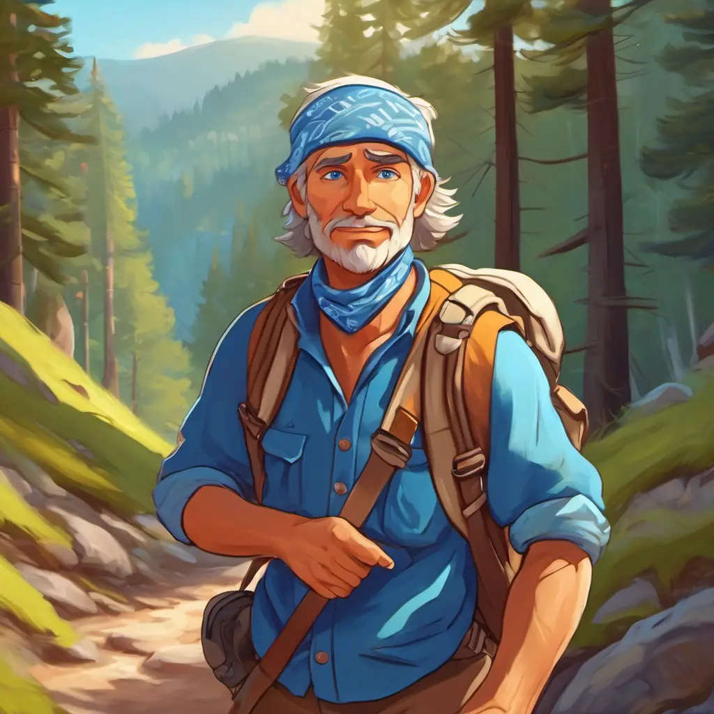 Seasoned hiker, wears bandana, blue eyes, tanned skin, experienced hiker, appears and offers help.