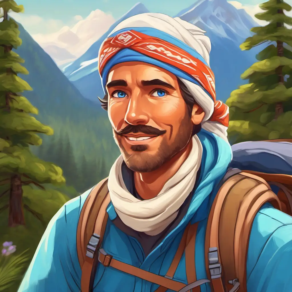 Seasoned hiker, wears bandana, blue eyes, tanned skin shares mountain stories, adding depth to their trip.