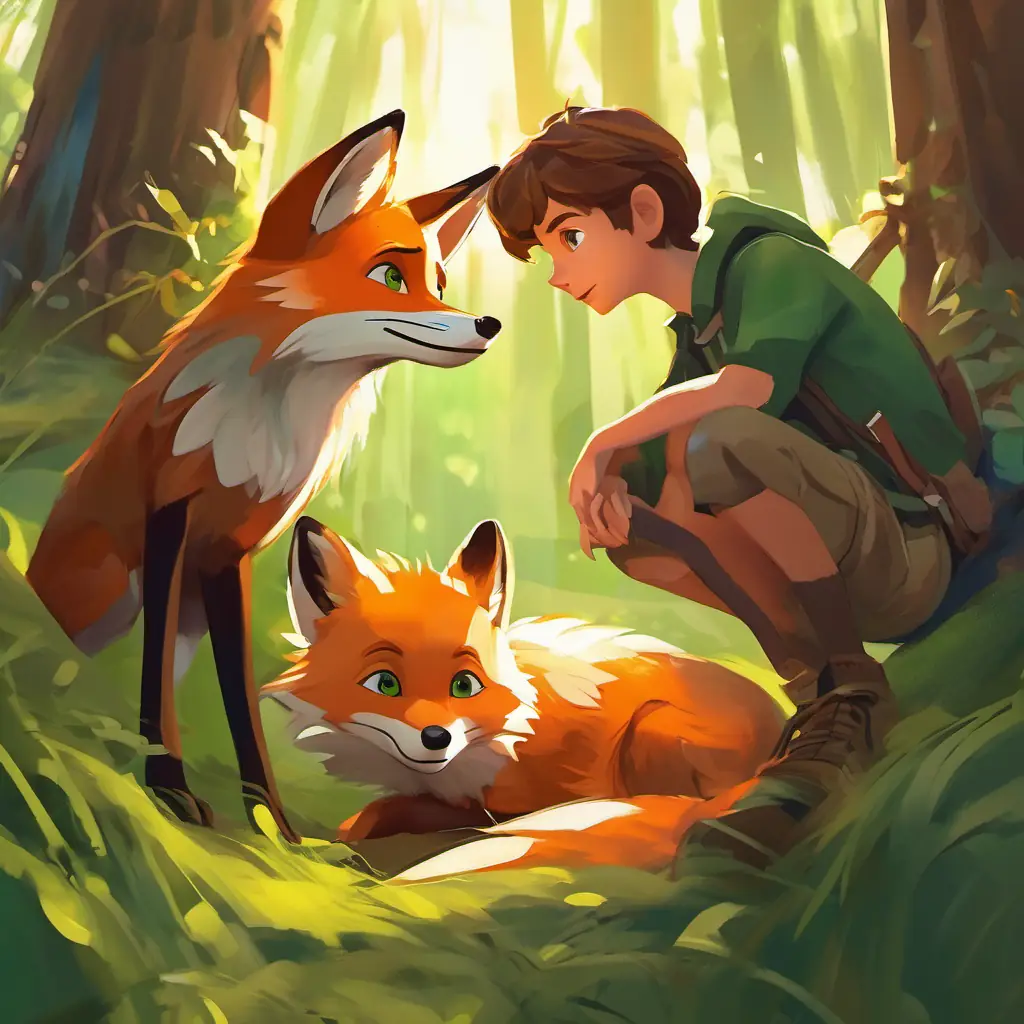 The group finds an injured fox and Curious boy, wild brown hair, green eyes, teamwork spirit aids it.