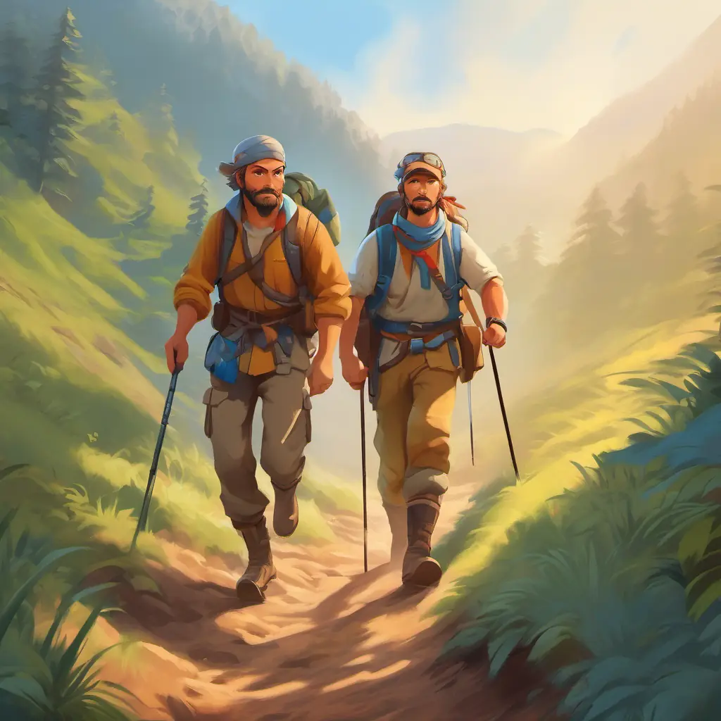 Despite the fog, Seasoned hiker, wears bandana, blue eyes, tanned skin and group teamwork save the day.
