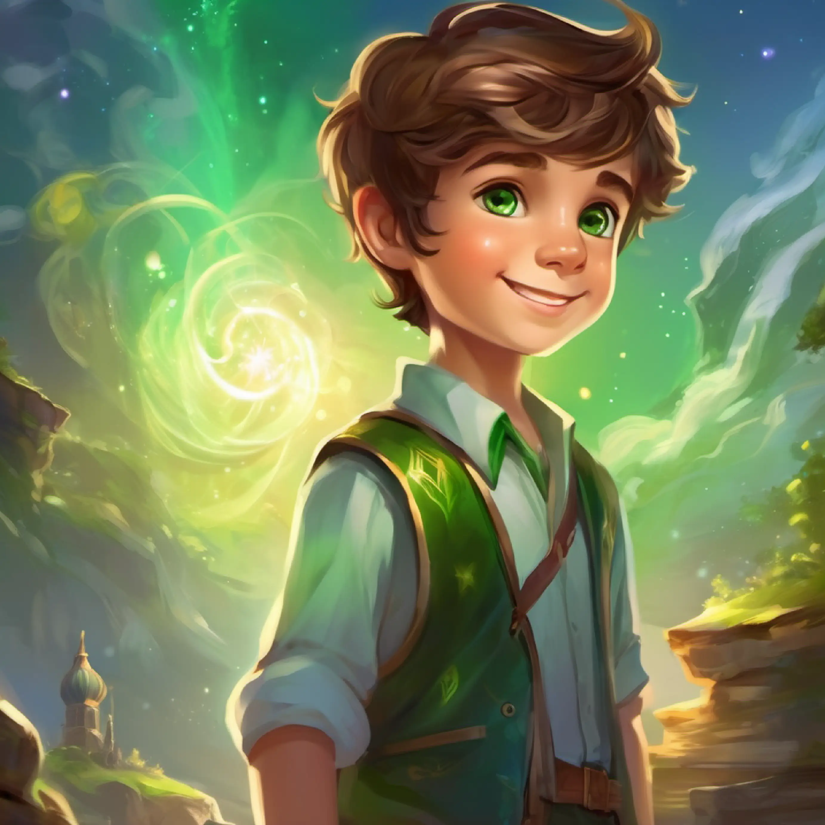 Introduction of the main character Little boy, brown hair, green eyes, always smiling, setting the scene for his first day at school.