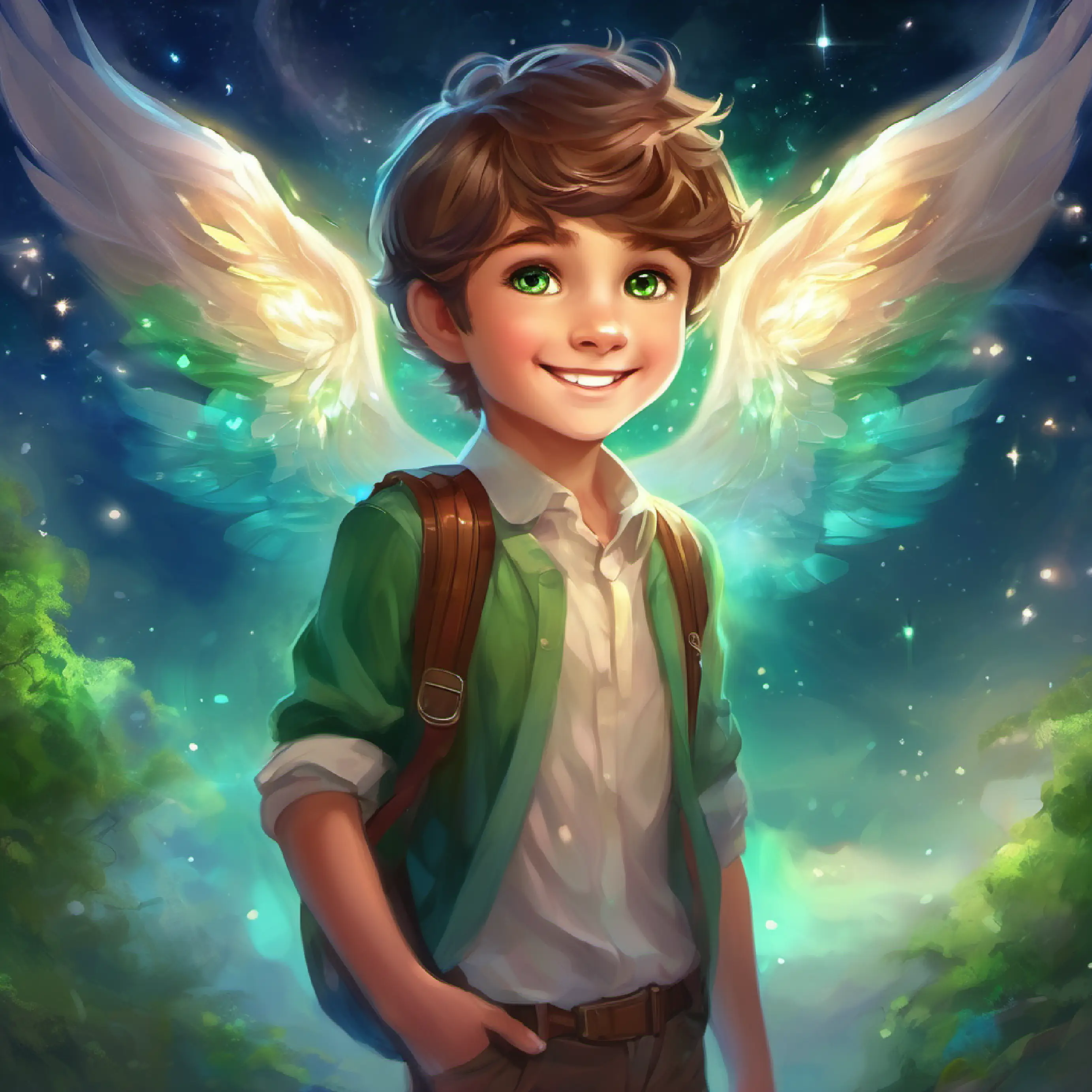 Little boy, brown hair, green eyes, always smiling arrives at the school gate and experiences mixed feelings on seeing his new classmates.