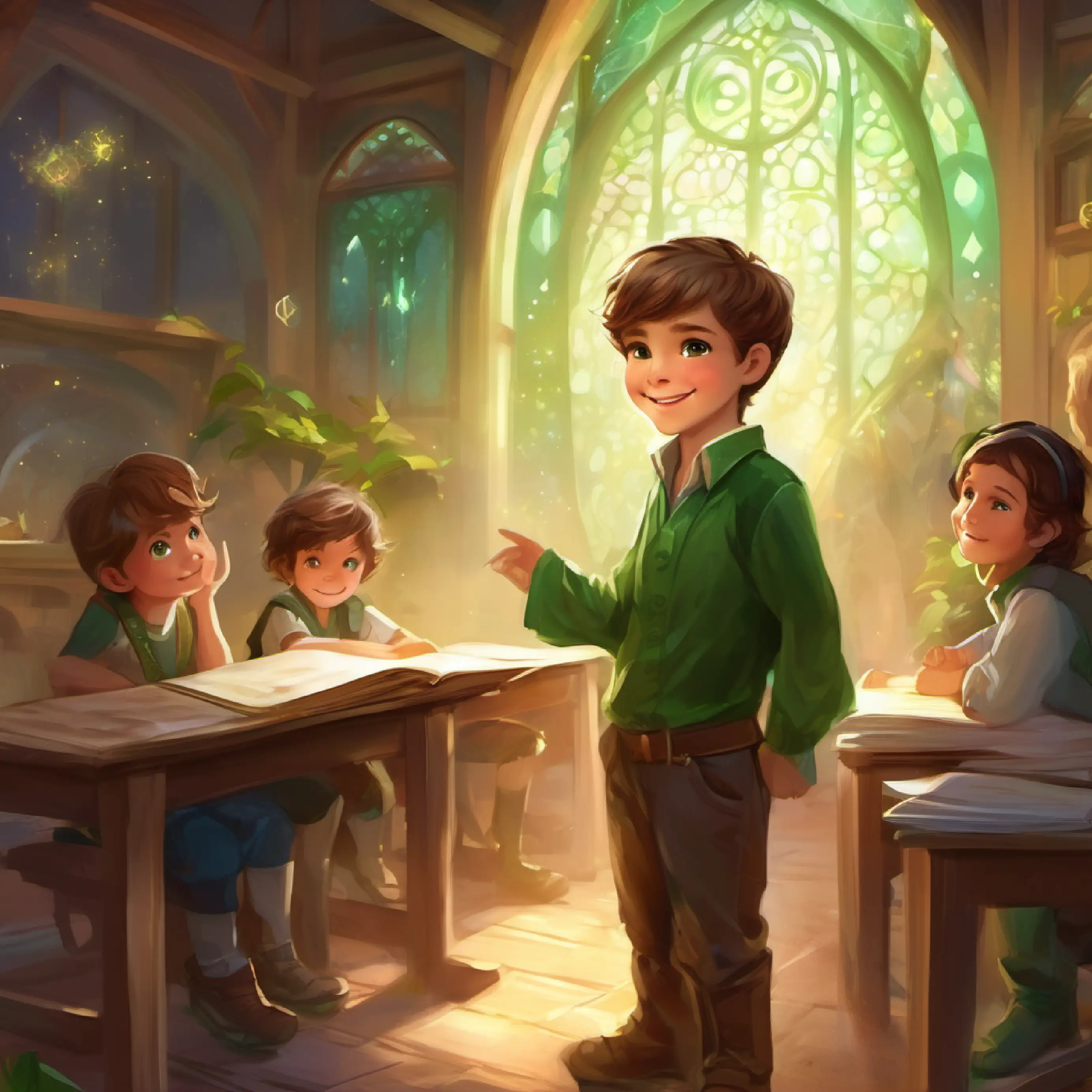 Little boy, brown hair, green eyes, always smiling meets his teacher and starts to feel welcomed in the classroom.