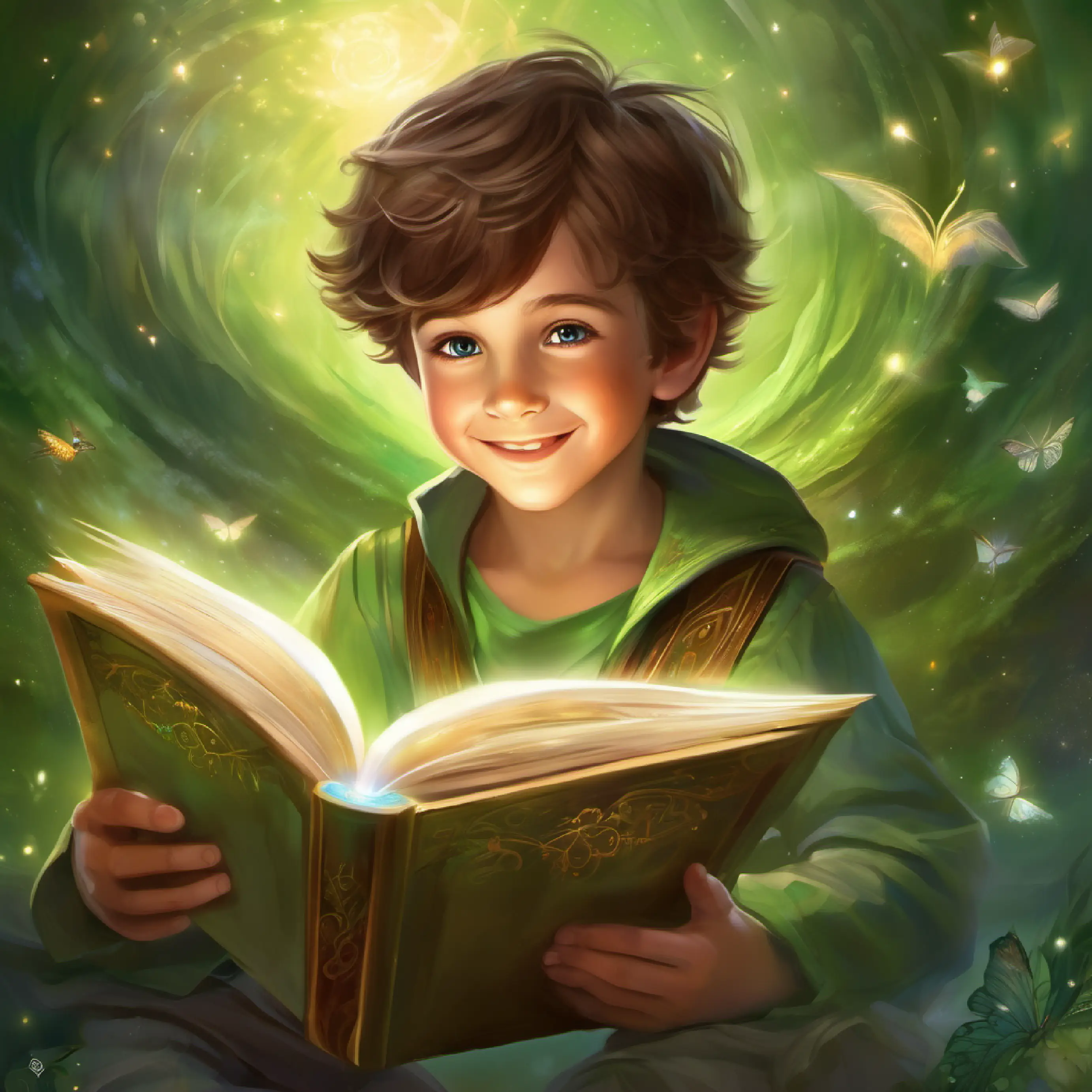 Little boy, brown hair, green eyes, always smiling engages in story time and experiences joy in sharing his favorite book.