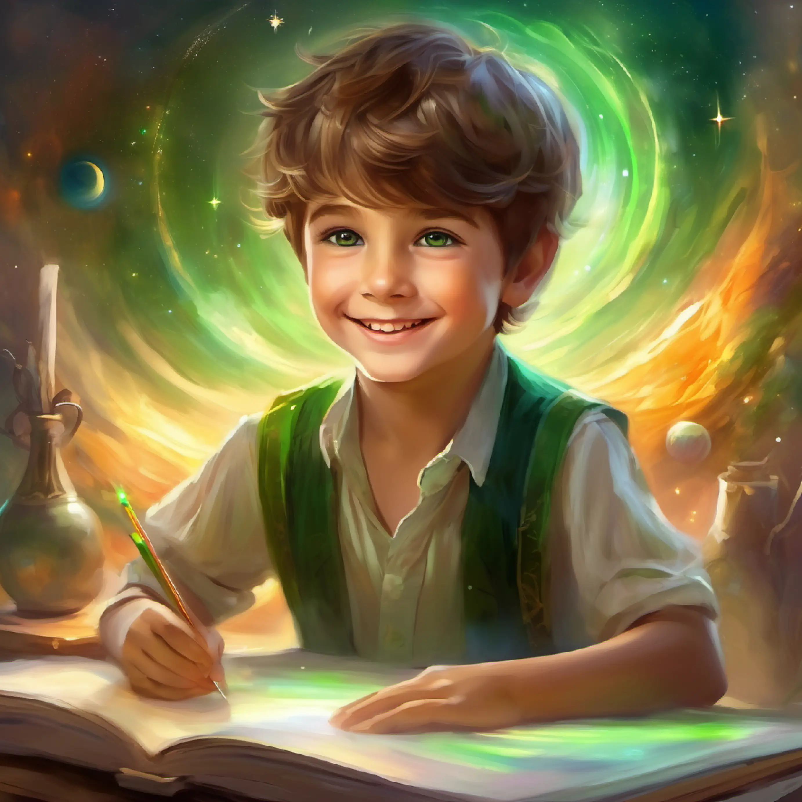 Little boy, brown hair, green eyes, always smiling expresses his creativity during art class, feeling a sense of pride in his work.