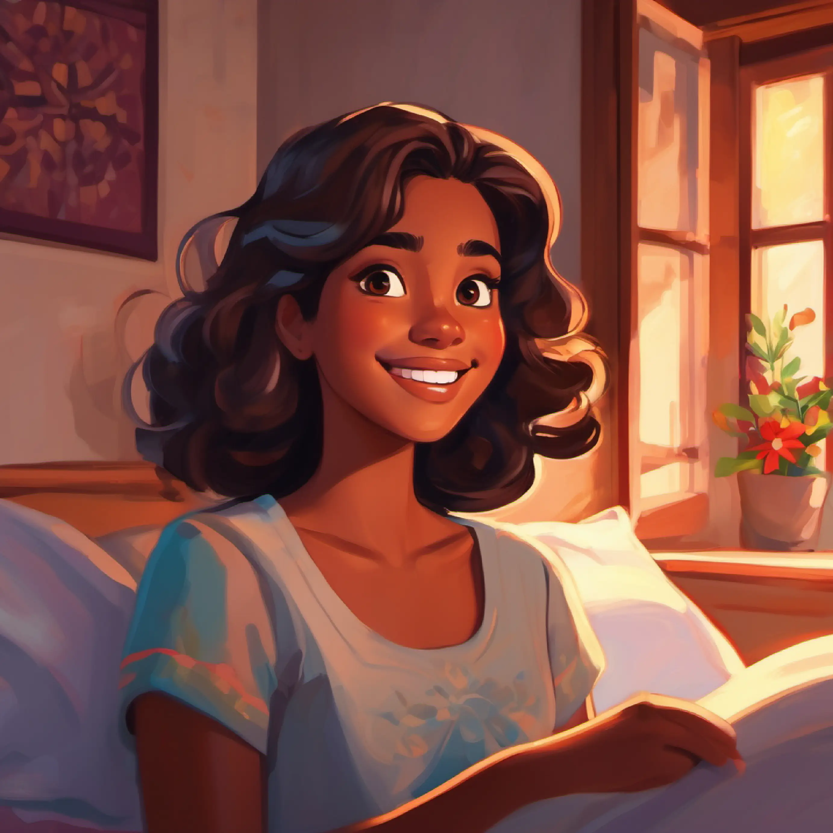 Cheerful girl, brown skin, dark brown eyes waking up, bright bedroom, feeling excited.