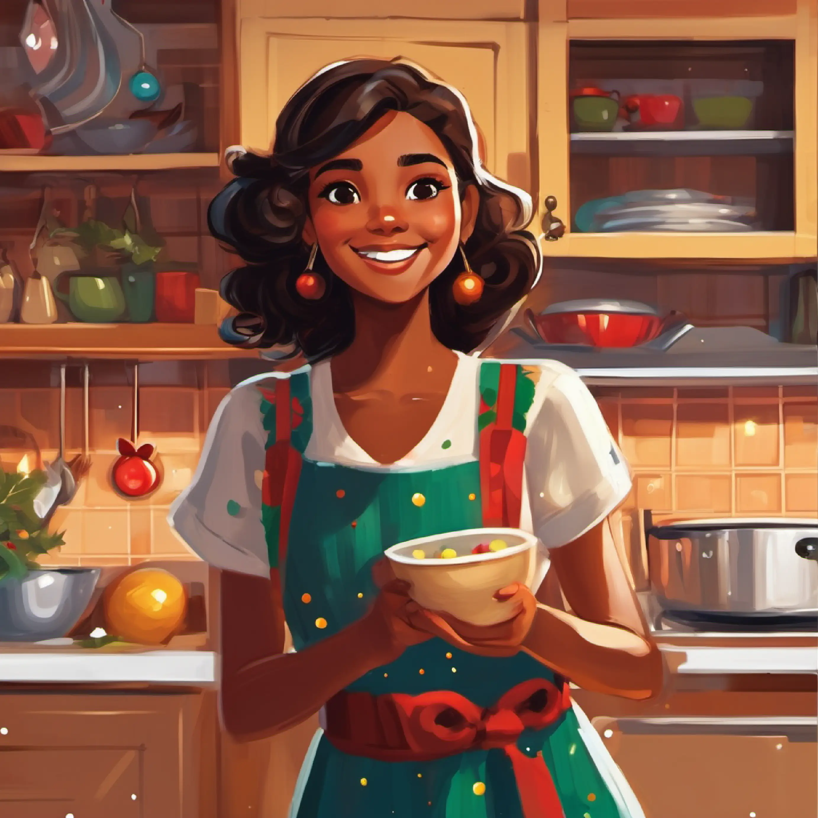 Cheerful girl, brown skin, dark brown eyes getting dressed, kitchen setting.