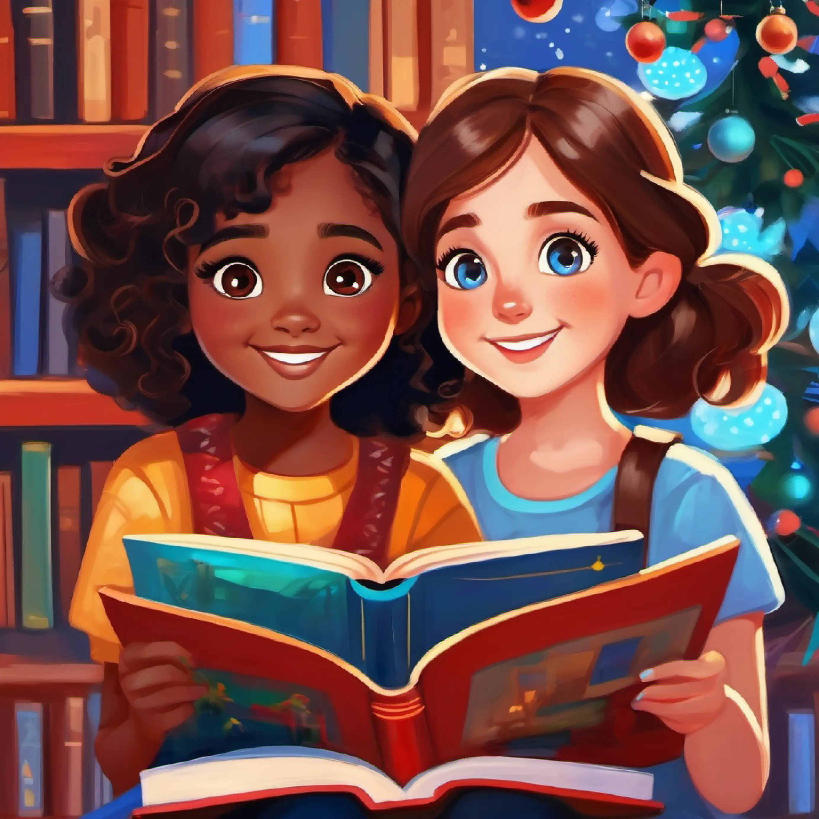 Cheerful girl, brown skin, dark brown eyes and Shy girl, pale skin, blue eyes bonding over favorite books.
