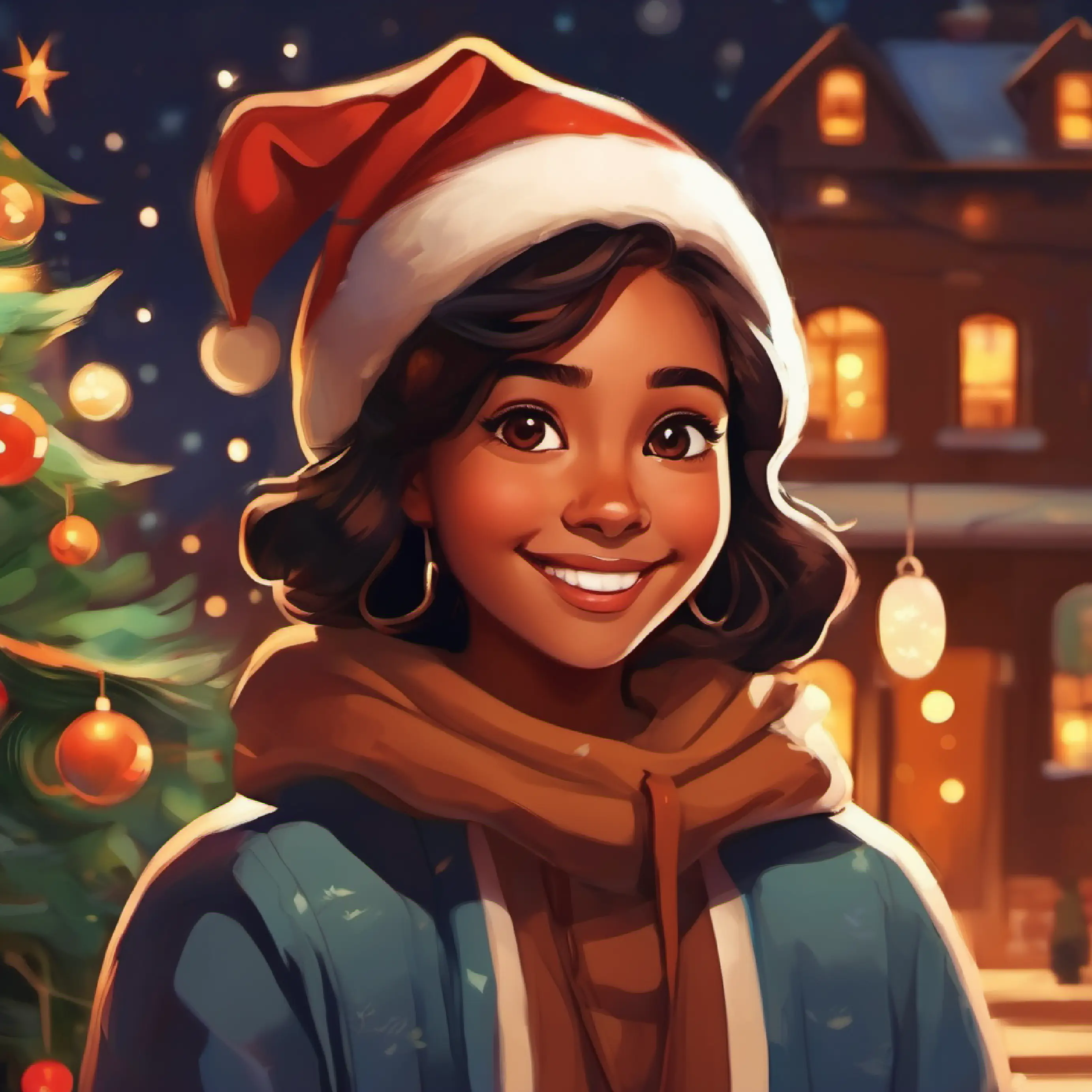 End of day, Cheerful girl, brown skin, dark brown eyes reflecting on her new friendships.